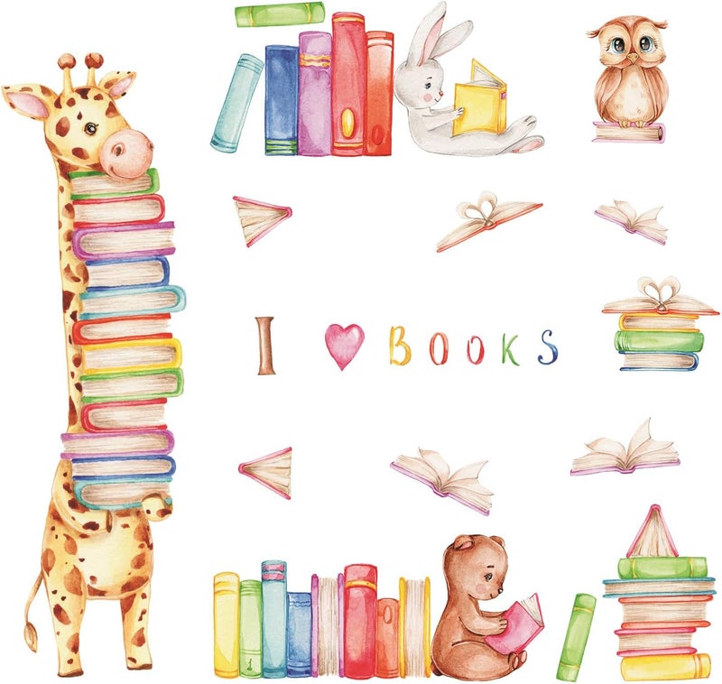 Kasubeso Animals Reading Books Wall Decals Watercolor Large Giraffe Bear Rabbit Owl Read Books Wall Stickers for Kids Bedroom Nursery Playroom Classroom Library Reading Corner Decoration - Image 4